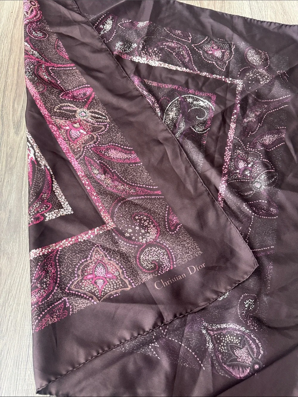 Christian Dior large Vintage burgundy pink brown silk scarf